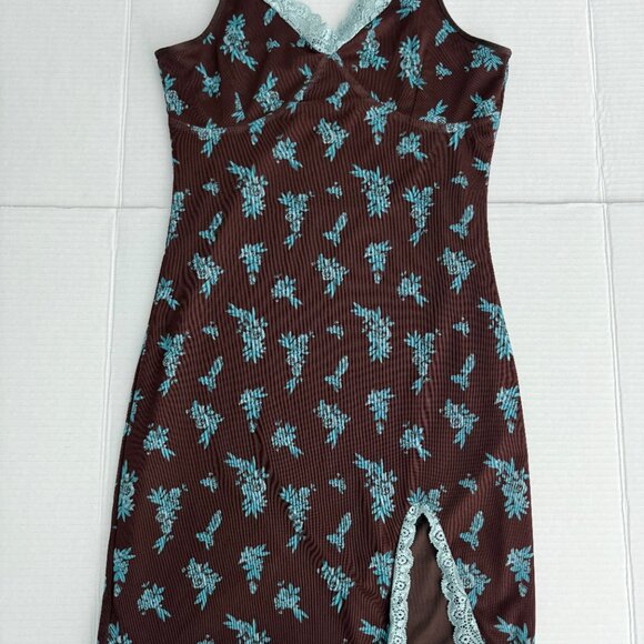 Vintage 90s Y2K Rue21 Brown Floral Lace Slip Dress Sz Medium - Picture 2 of 8